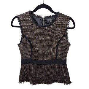 MM Couture Top Womens M Black Tweed Blouse Wool Blend Back Zip Fringes
